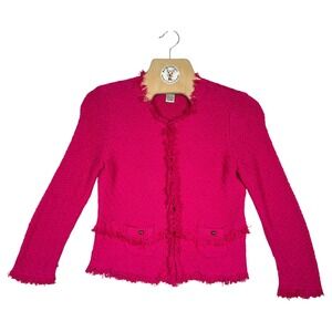 Cache Pink Frayed Knit Cardigan Women's Medium Textured Trim Jacket